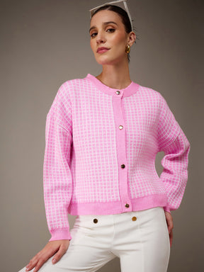Pink Stripes Acrylic Wool Round Neck Oversize Cardigan-SASSAFRAS
