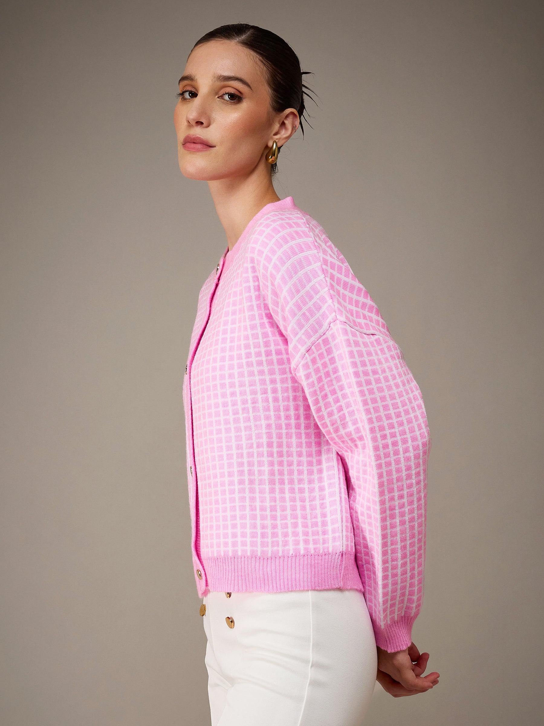Pink Stripes Acrylic Wool Round Neck Oversize Cardigan-SASSAFRAS