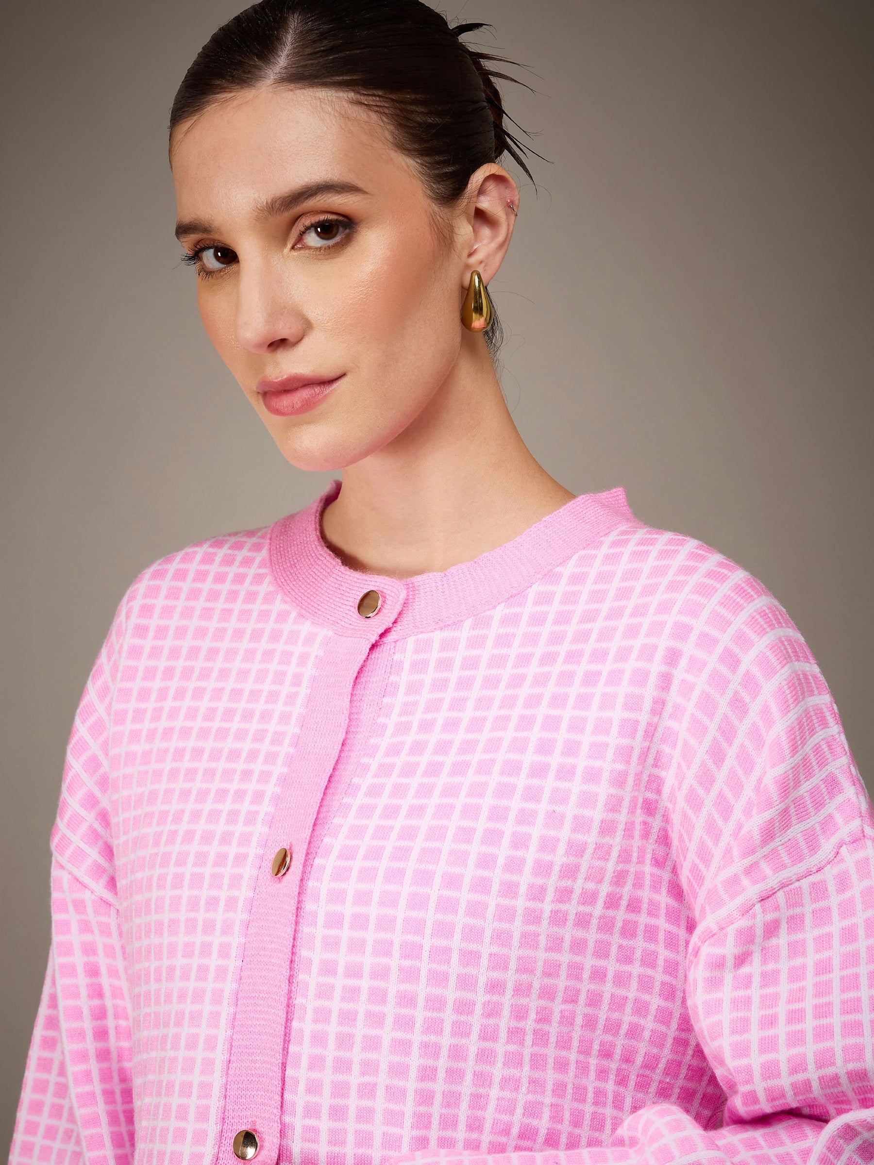 Pink Stripes Acrylic Wool Round Neck Oversize Cardigan-SASSAFRAS