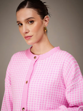 Pink Stripes Acrylic Wool Round Neck Oversize Cardigan-SASSAFRAS