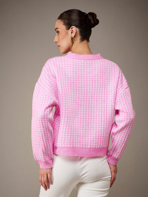Pink Stripes Acrylic Wool Round Neck Oversize Cardigan-SASSAFRAS