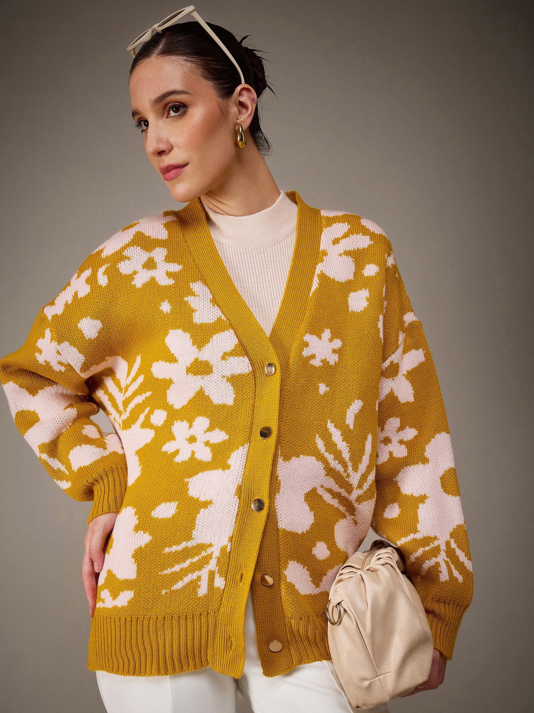 Mustard & Pink Acrylic Wool V-Neck Oversize Cardigan-SASSAFRAS