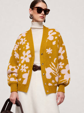 Mustard & Pink Acrylic Wool V-Neck Oversize Cardigan-SASSAFRAS