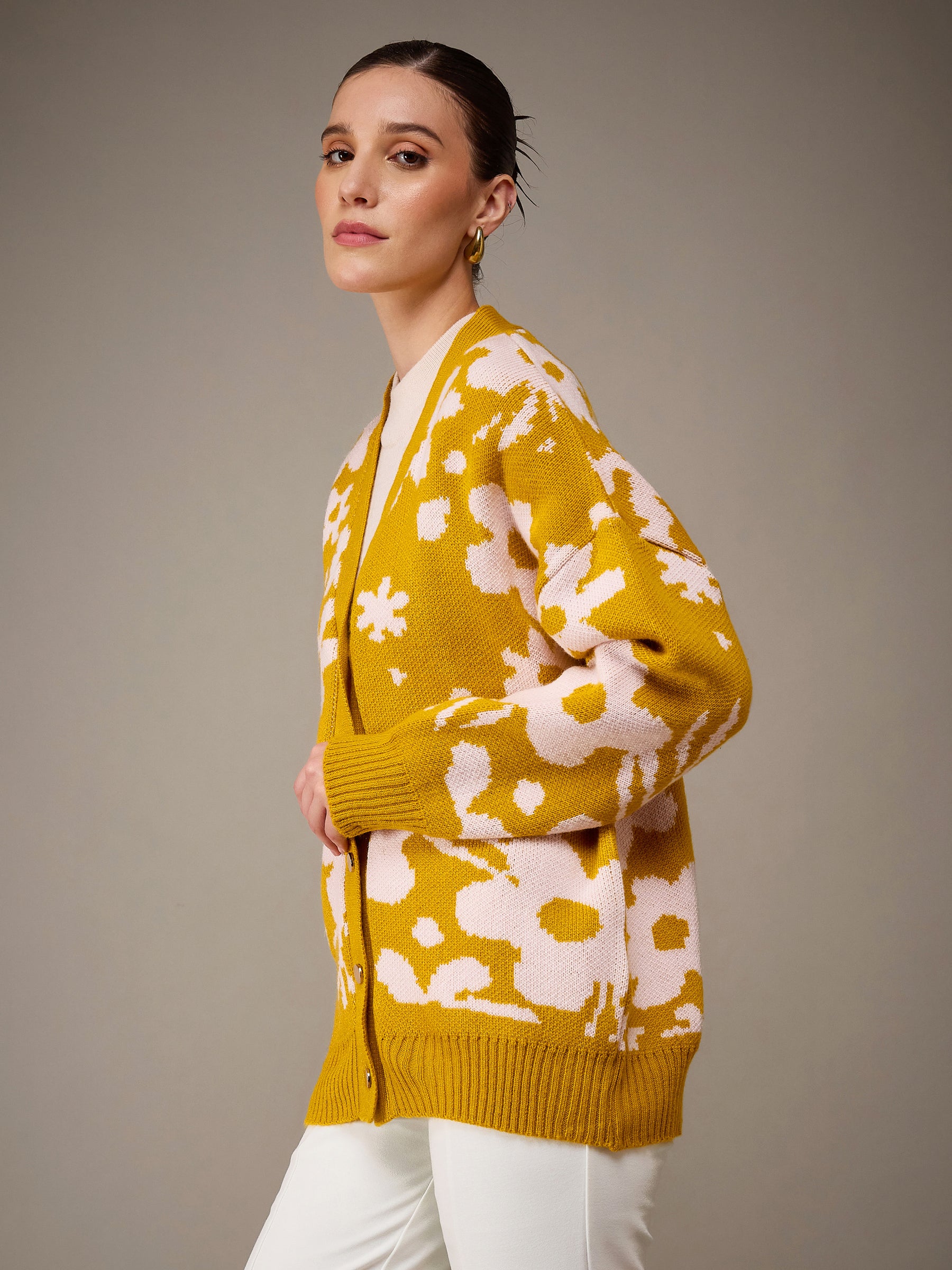 Mustard & Pink Acrylic Wool V-Neck Oversize Cardigan-SASSAFRAS