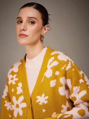Mustard & Pink Acrylic Wool V-Neck Oversize Cardigan-SASSAFRAS