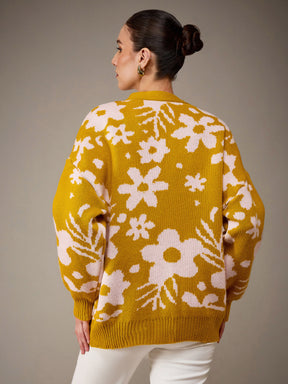 Mustard & Pink Acrylic Wool V-Neck Oversize Cardigan-SASSAFRAS