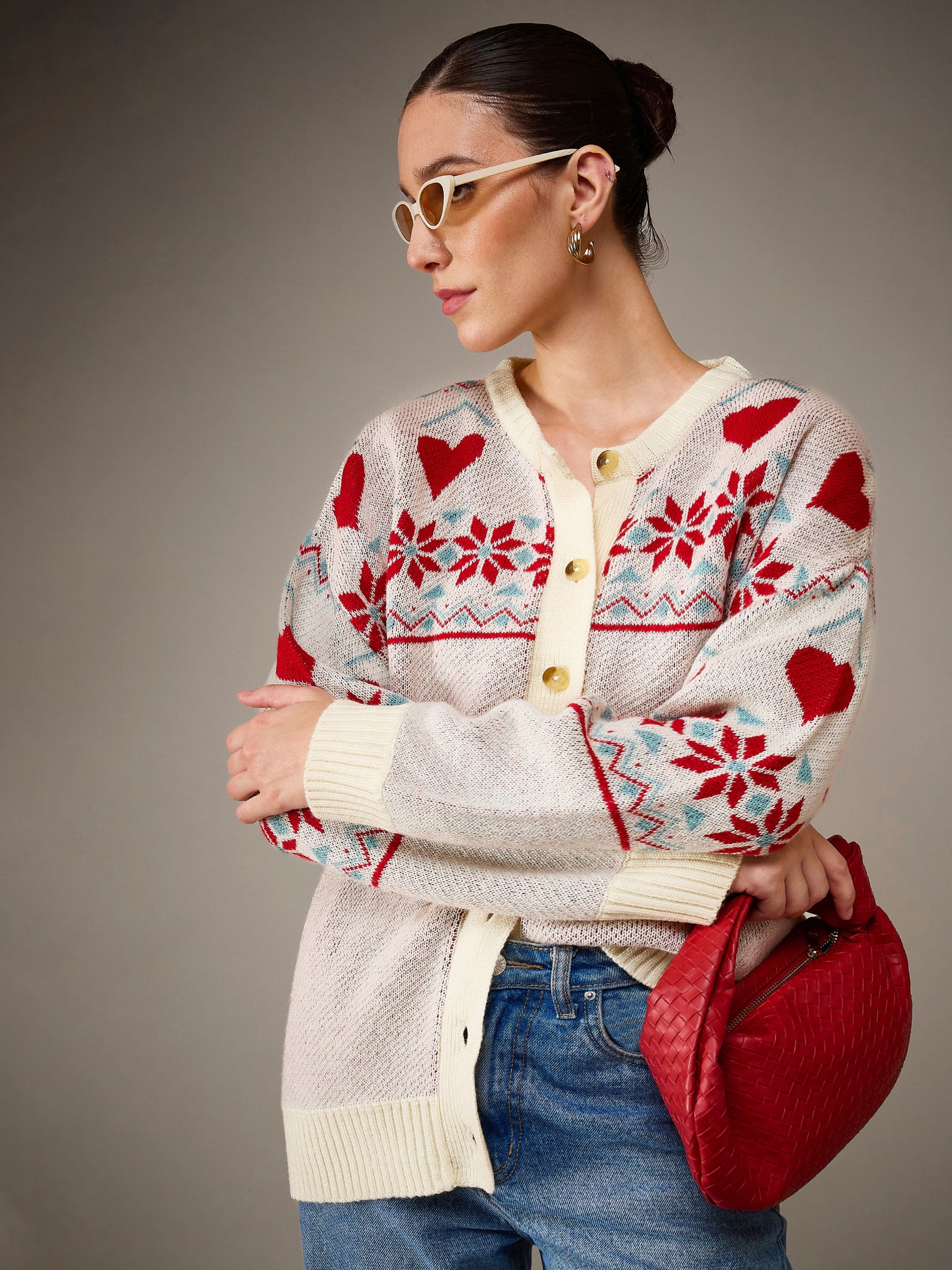 Off-White Acrylic Wool Christmas Round Neck Oversize Cardigan-SASSAFRAS