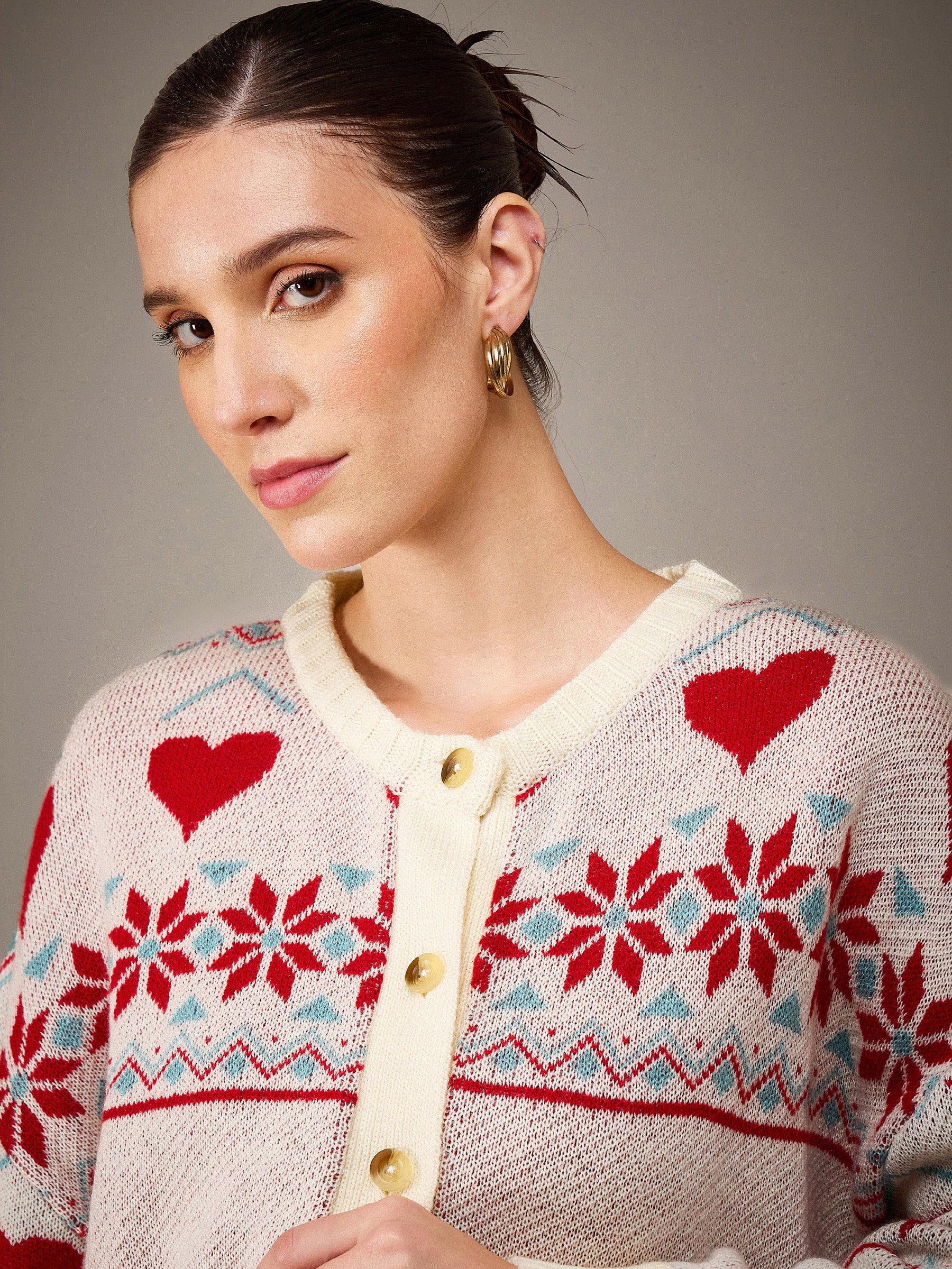 Off-White Acrylic Wool Christmas Round Neck Oversize Cardigan-SASSAFRAS