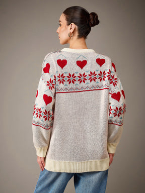 Off-White Acrylic Wool Christmas Round Neck Oversize Cardigan-SASSAFRAS