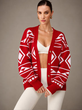 Red & White Acrylic Wool V-Neck Oversize Cardigan-SASSAFRAS