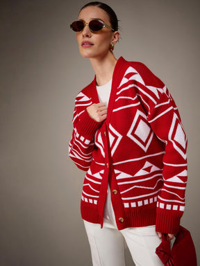 Red & White Acrylic Wool V-Neck Oversize Cardigan-SASSAFRAS