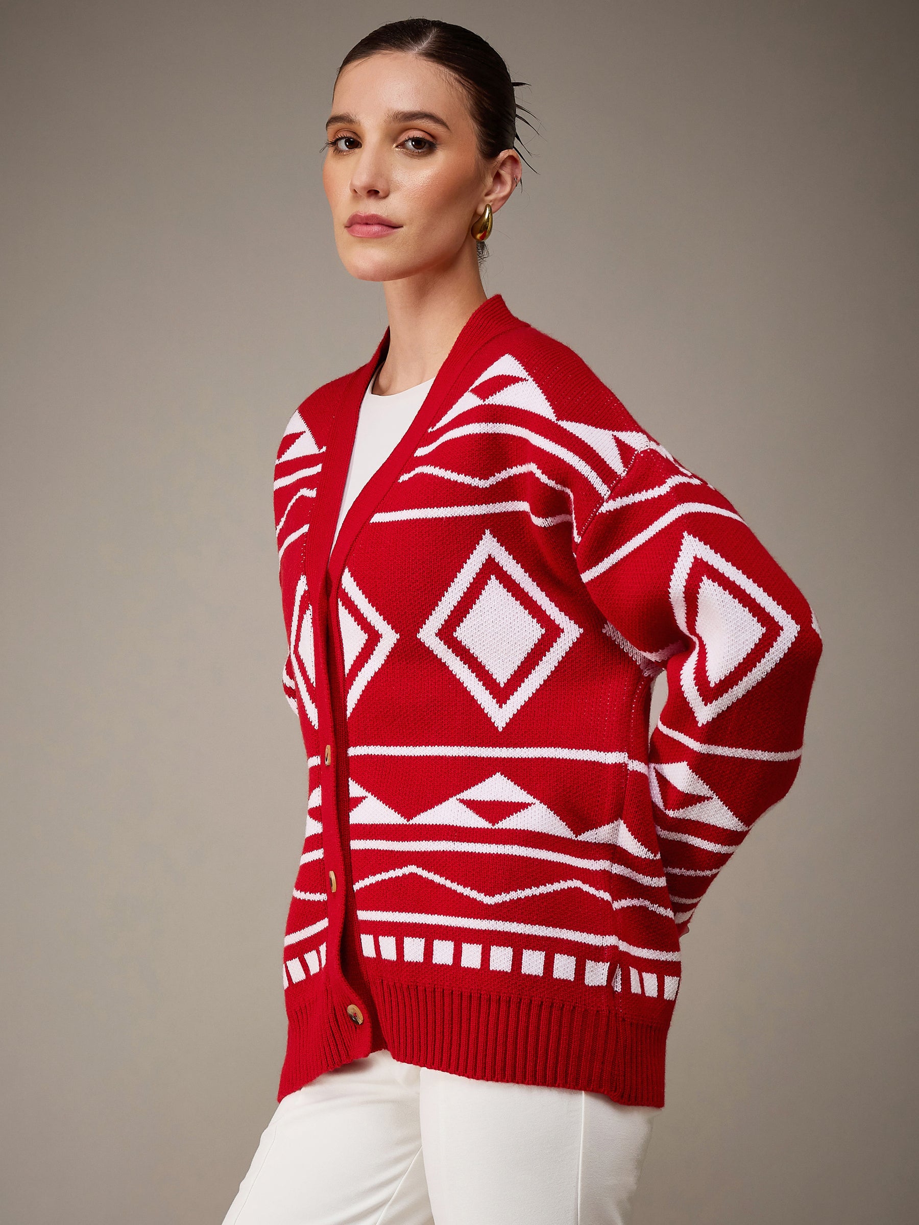 Red & White Acrylic Wool V-Neck Oversize Cardigan-SASSAFRAS