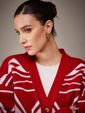 Red & White Acrylic Wool V-Neck Oversize Cardigan-SASSAFRAS