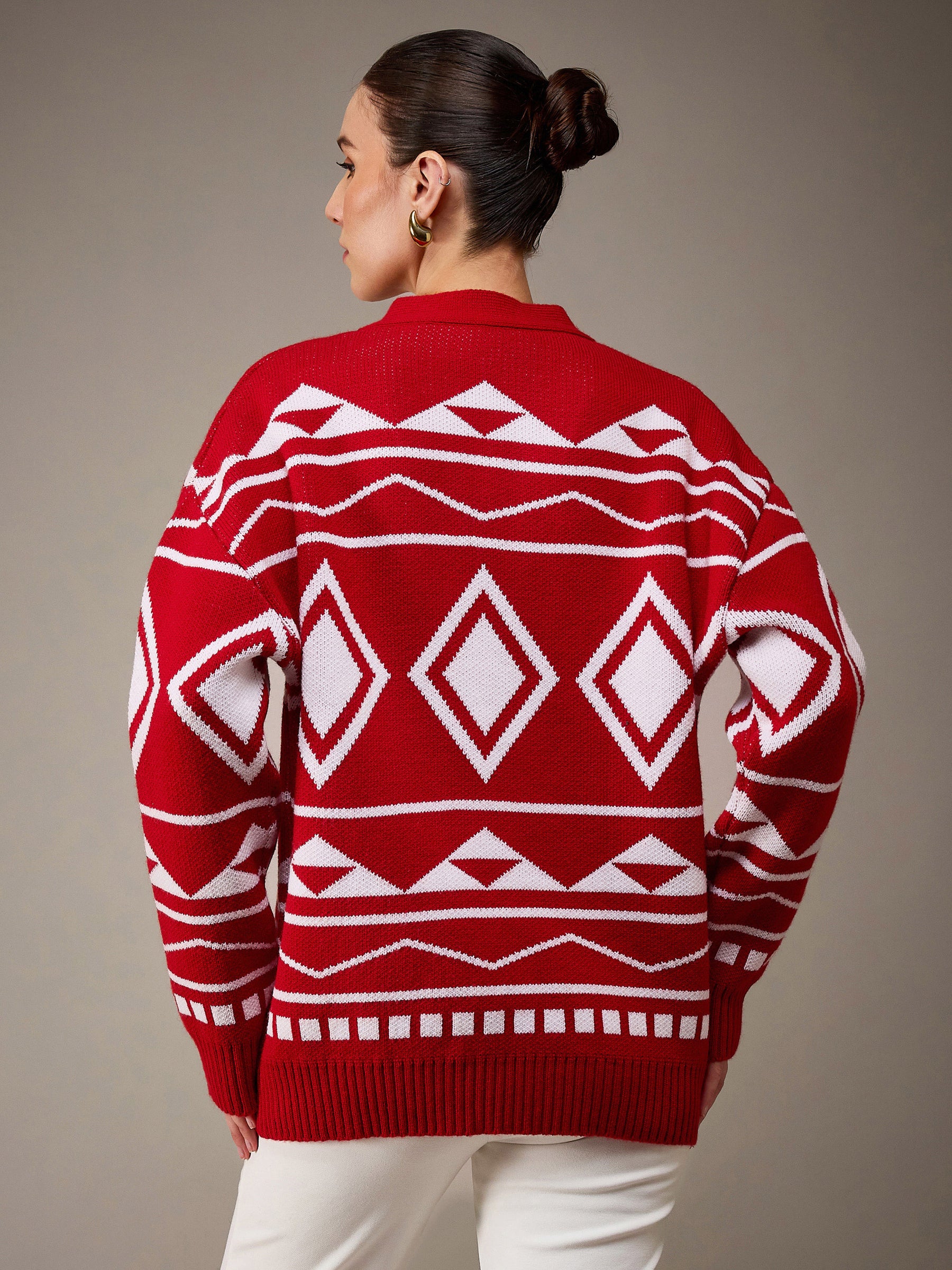 Red & White Acrylic Wool V-Neck Oversize Cardigan-SASSAFRAS