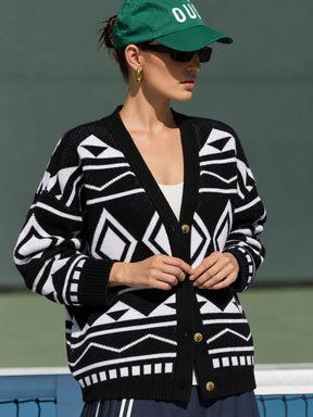 Black & White Acrylic Wool V-Neck Oversize Cardigan-SASSAFRAS