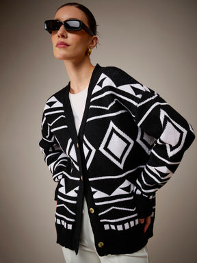 Black & White Acrylic Wool V-Neck Oversize Cardigan-SASSAFRAS