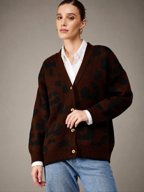 Brown & Black Acrylic Wool V-Neck Oversize Cardigan-SASSAFRAS