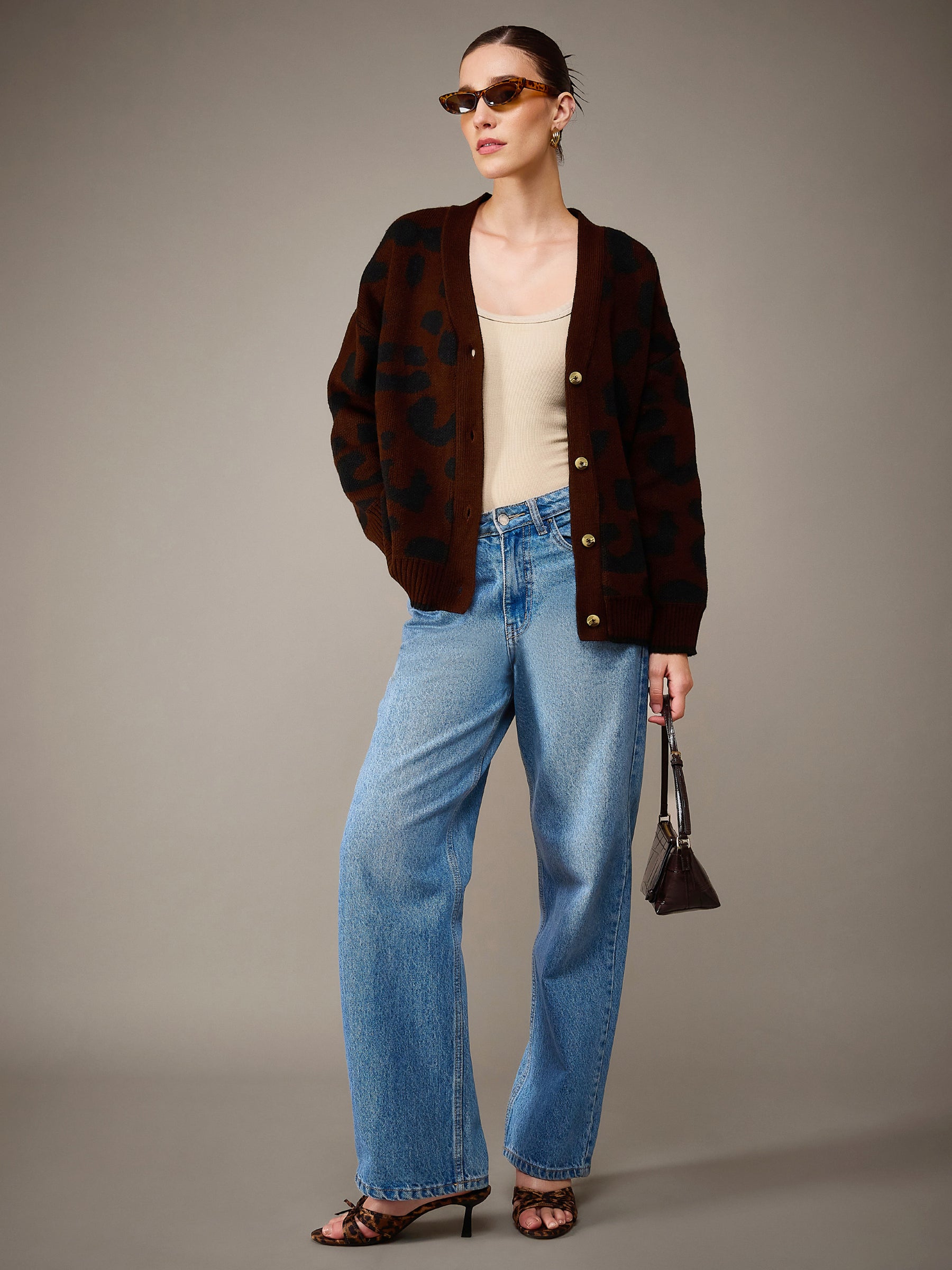 Brown & Black Acrylic Wool V-Neck Oversize Cardigan-SASSAFRAS