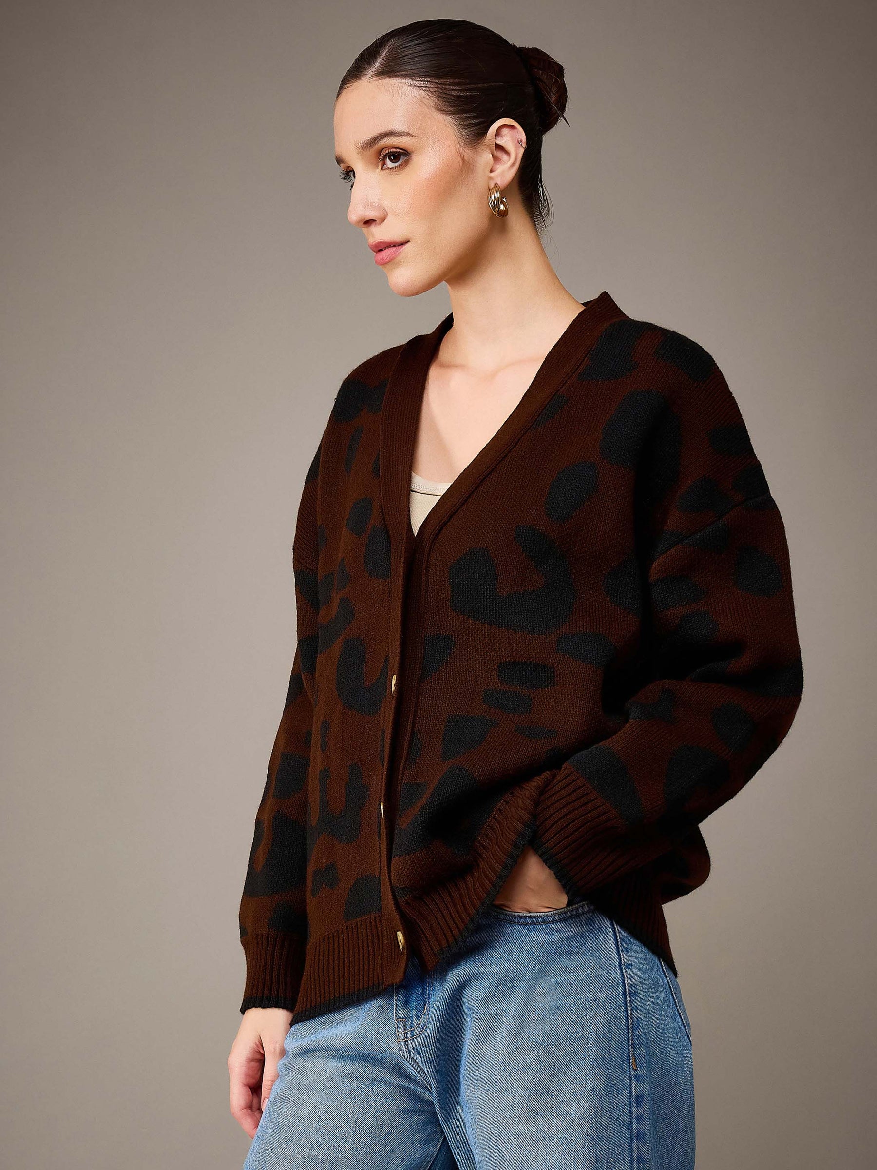 Brown & Black Acrylic Wool V-Neck Oversize Cardigan-SASSAFRAS