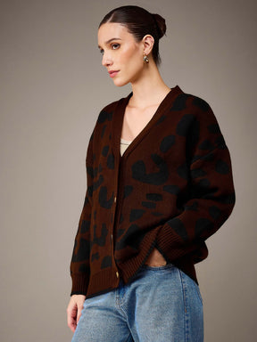 Brown & Black Acrylic Wool V-Neck Oversize Cardigan-SASSAFRAS
