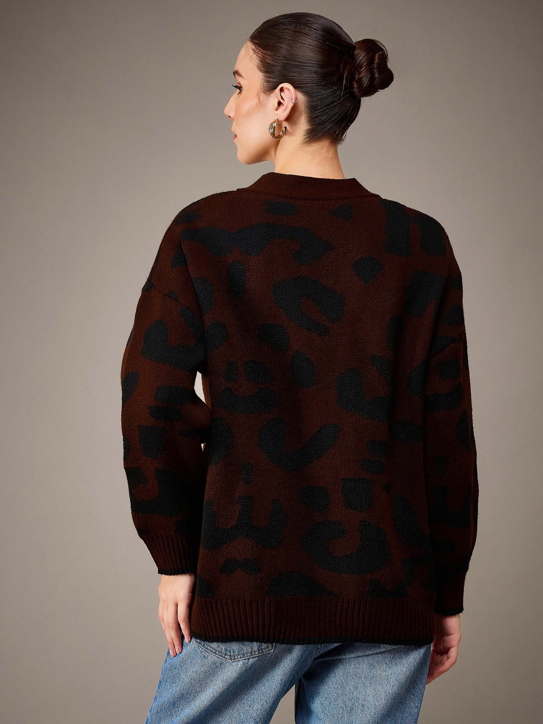 Brown & Black Acrylic Wool V-Neck Oversize Cardigan-SASSAFRAS