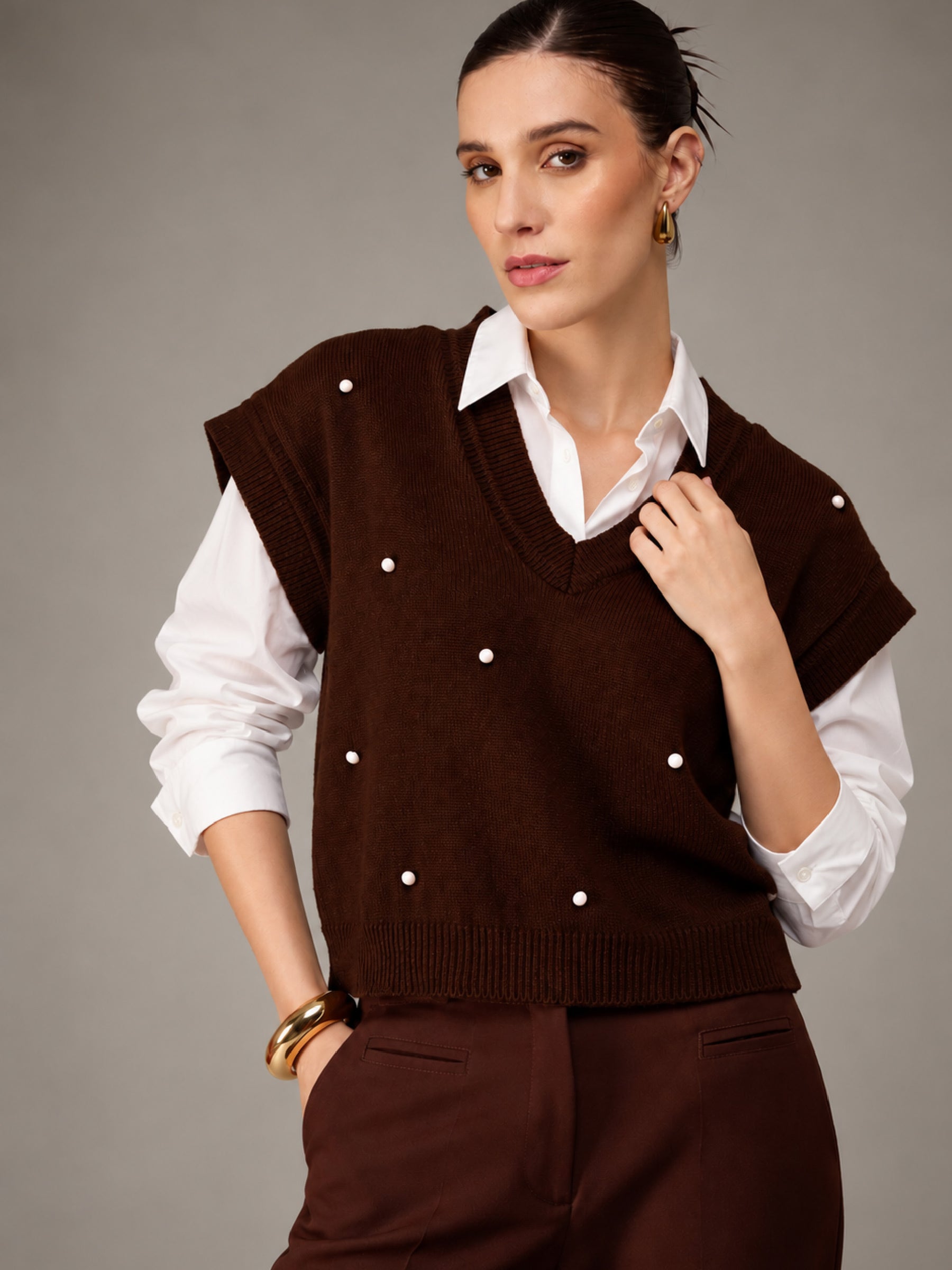 Brown Pearl Embellish V-Neck Sweater Vest-SASSAFRAS