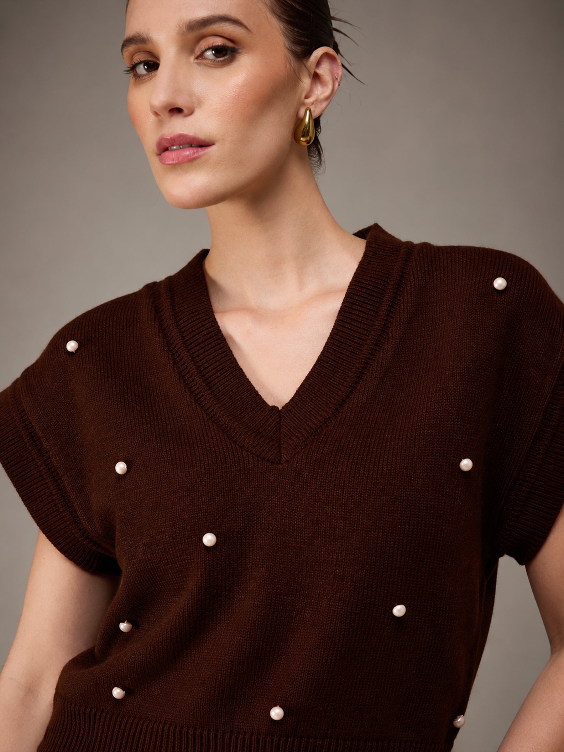 Brown Pearl Embellish V-Neck Sweater Vest-SASSAFRAS