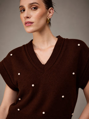Brown Pearl Embellish V-Neck Sweater Vest-SASSAFRAS