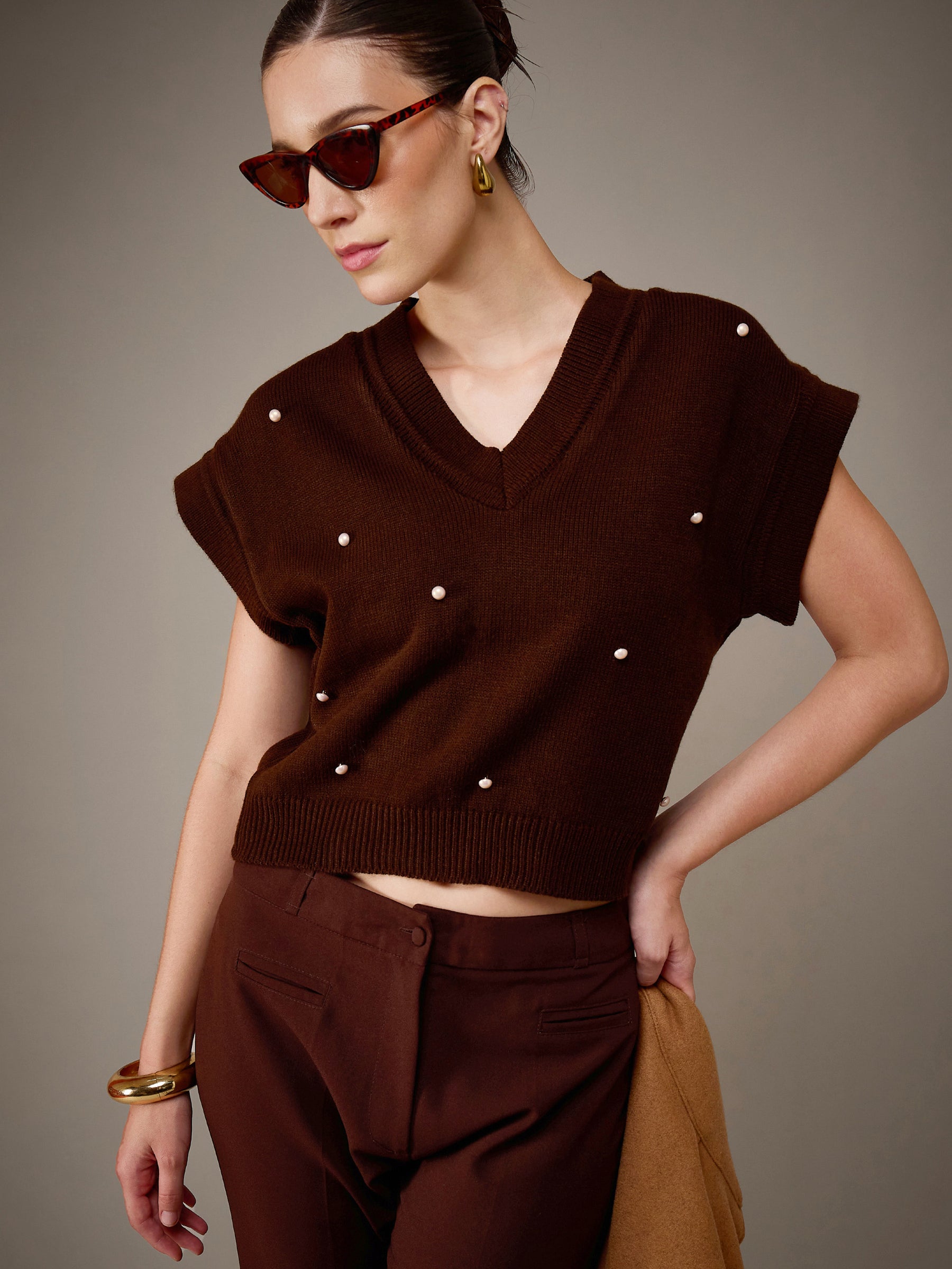 Brown Pearl Embellish V-Neck Sweater Vest-SASSAFRAS
