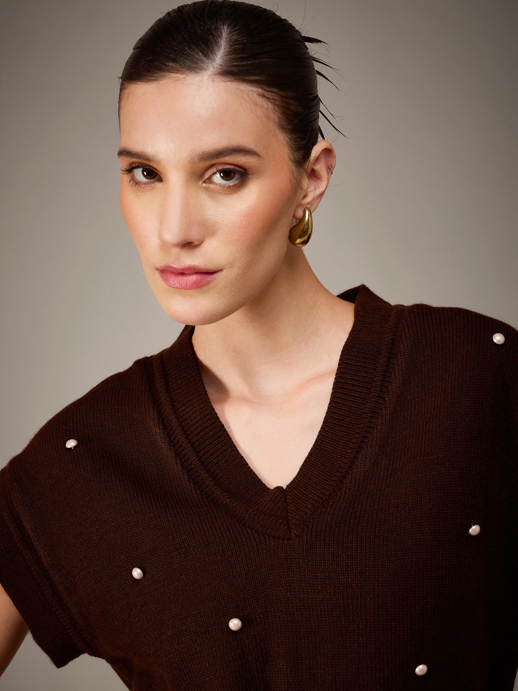 Brown Pearl Embellish V-Neck Sweater Vest-SASSAFRAS