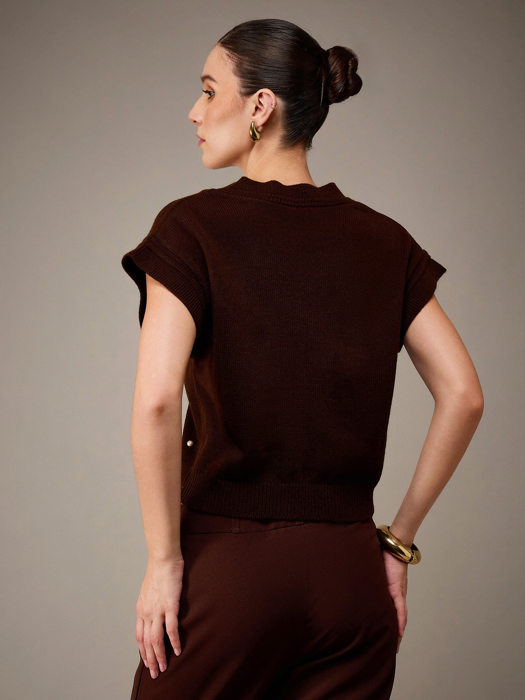Brown Pearl Embellish V-Neck Sweater Vest-SASSAFRAS