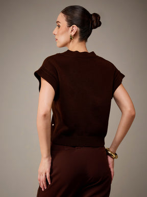 Brown Pearl Embellish V-Neck Sweater Vest-SASSAFRAS