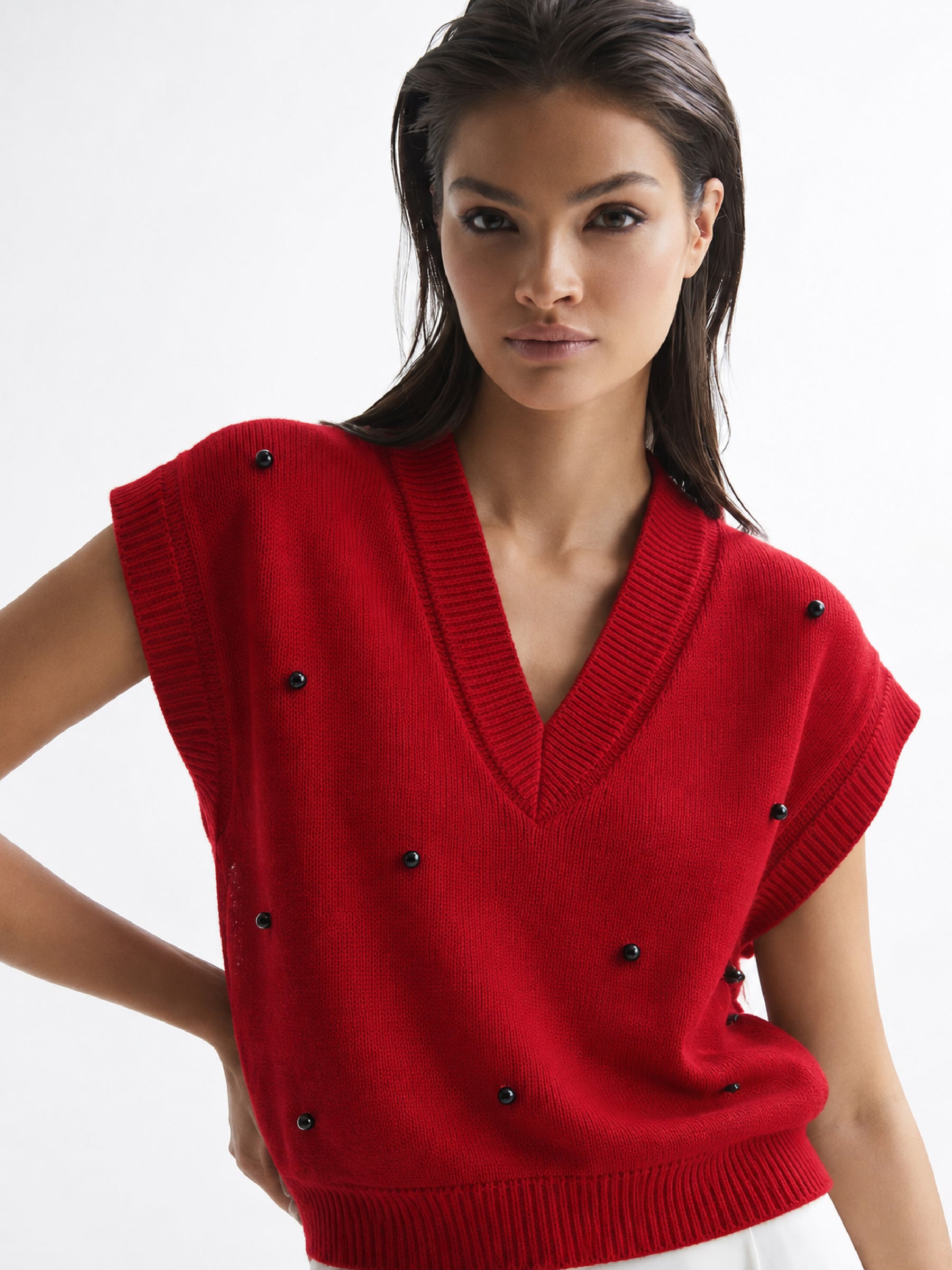 Red Pearl Embellish V-Neck Sweater Vest-SASSAFRAS