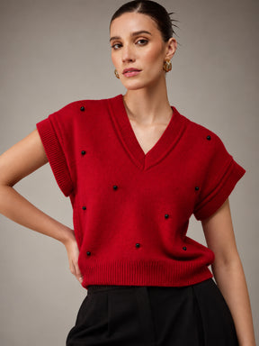 Red Pearl Embellish V-Neck Sweater Vest-SASSAFRAS