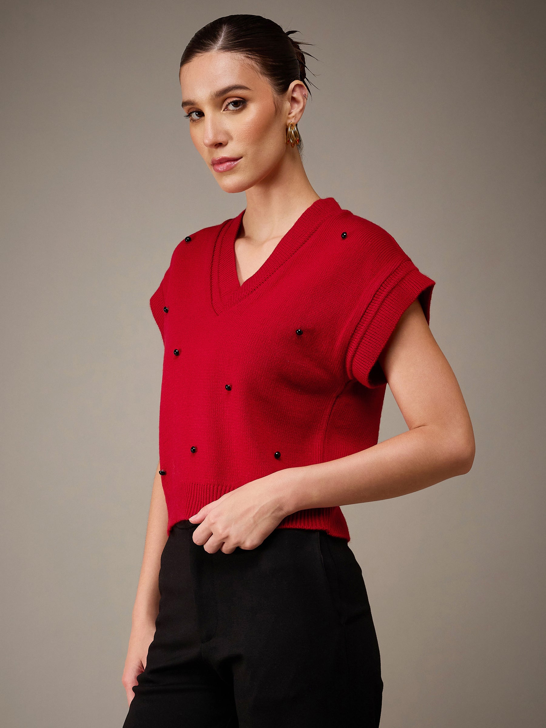 Red Pearl Embellish V-Neck Sweater Vest-SASSAFRAS