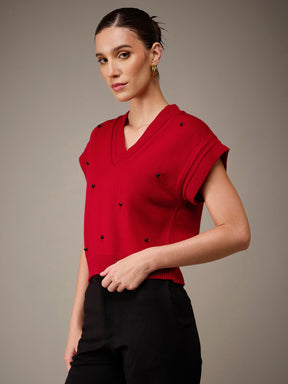 Red Pearl Embellish V-Neck Sweater Vest-SASSAFRAS