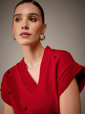 Red Pearl Embellish V-Neck Sweater Vest-SASSAFRAS