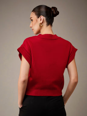 Red Pearl Embellish V-Neck Sweater Vest-SASSAFRAS