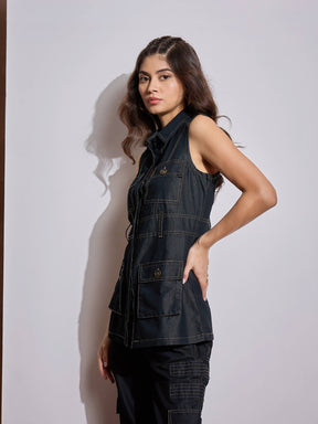 Black Multi Pocket Sleeveless Top-SASSAFRAS