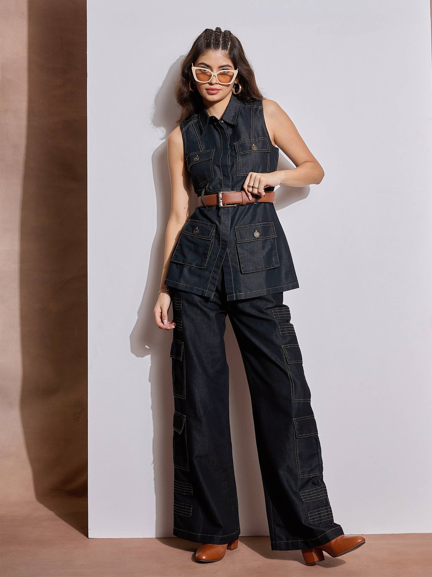 Black Multi Pocket Top With Cargo Pants-SASSAFRAS