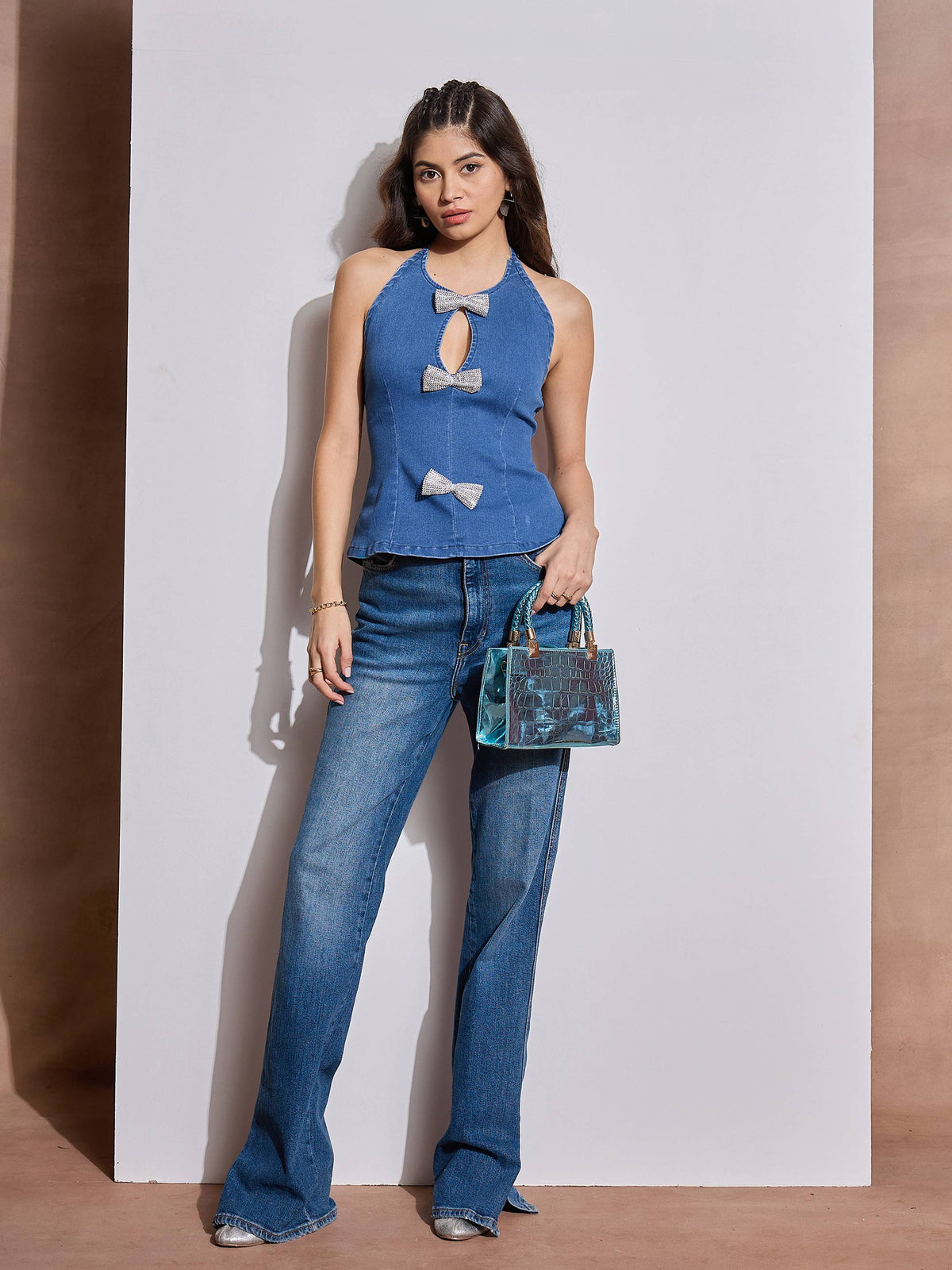 Blue Denim Halter Neck Top-SASSAFRAS