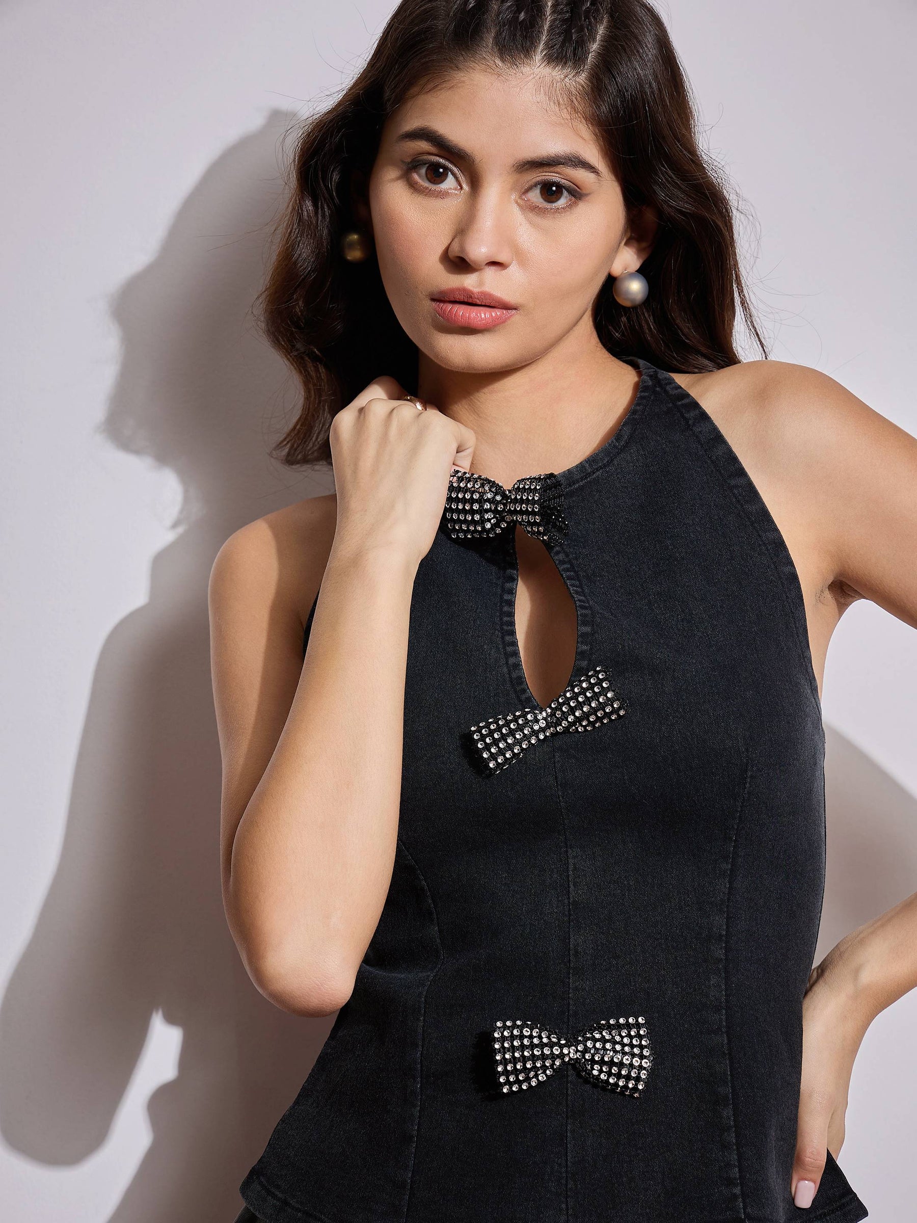 Black Denim Halter Neck Top-SASSAFRAS