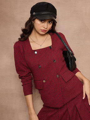 Red Houndstooth Check Square Neck Top-SASSAFRAS