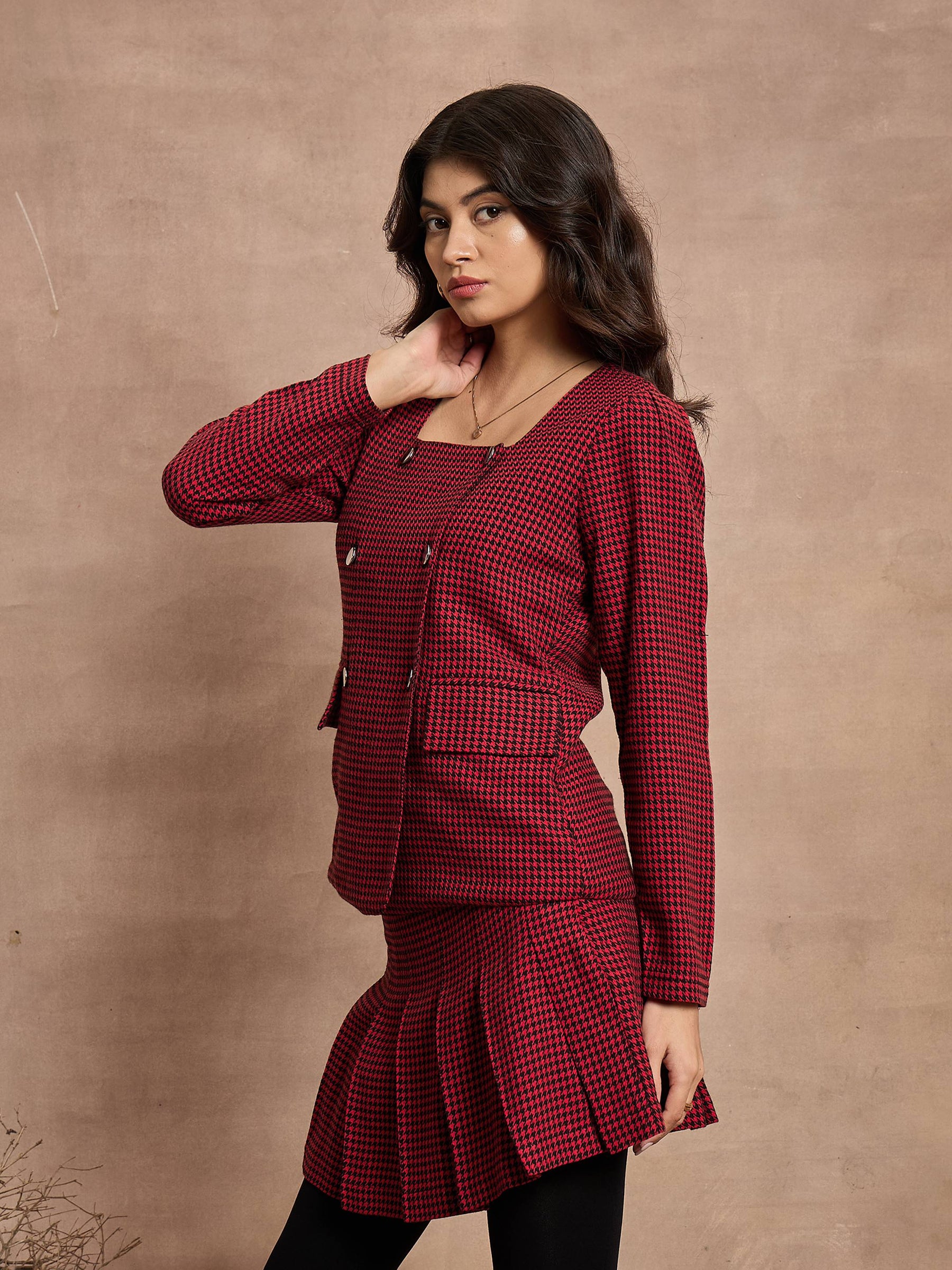 Red Houndstooth Check Square Neck Top-SASSAFRAS