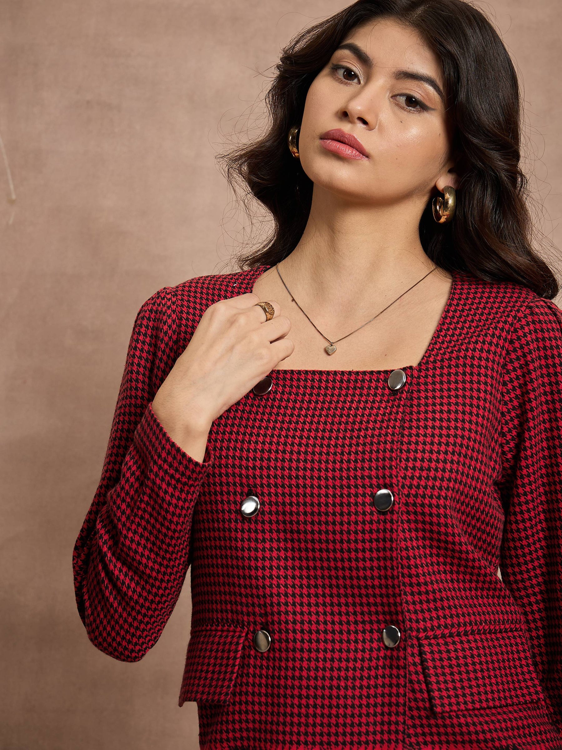 Red Houndstooth Check Square Neck Top-SASSAFRAS