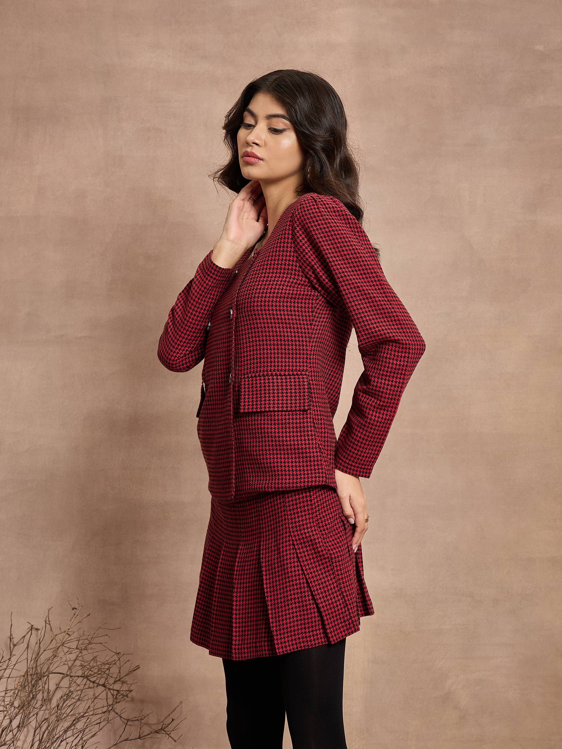 Red Houndstooth Top With Mini Skirt-SASSAFRAS