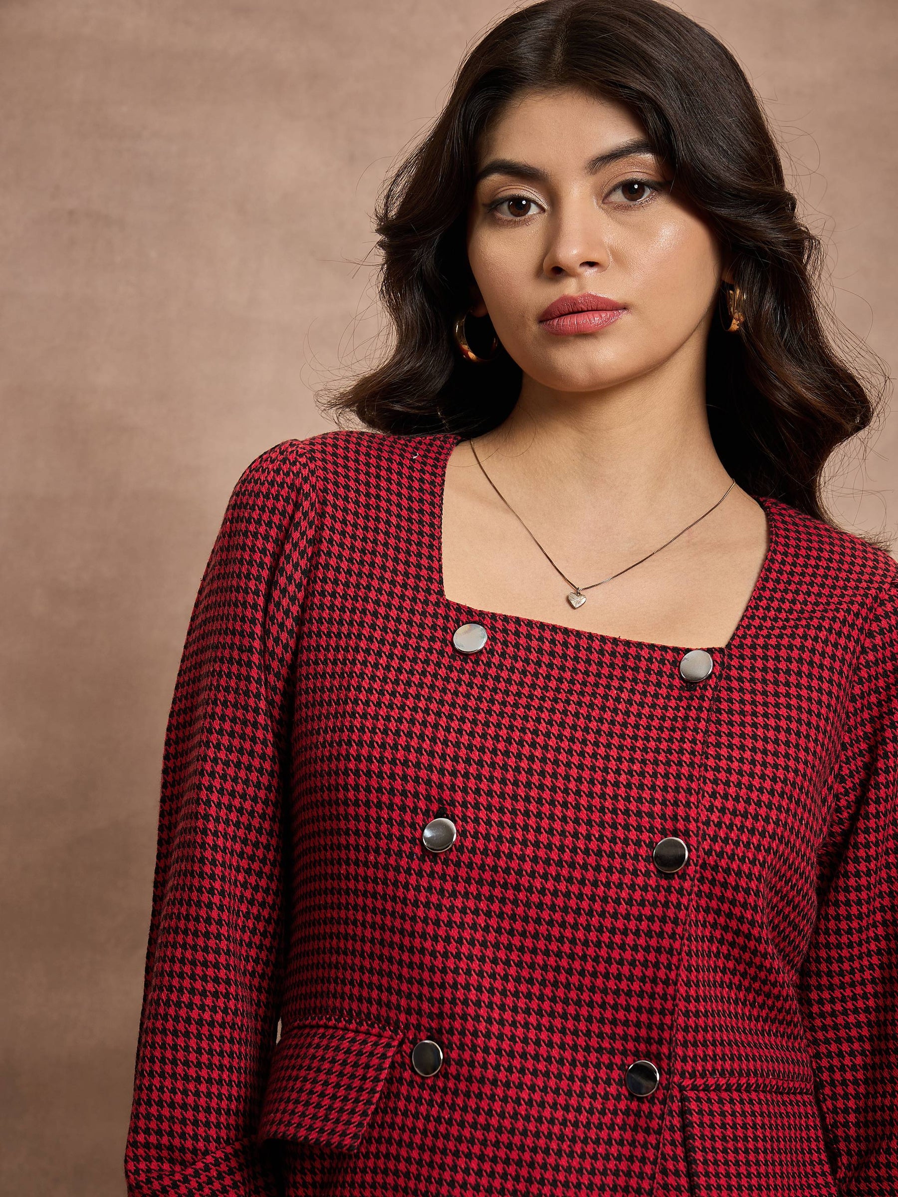 Red Houndstooth Top With Mini Skirt-SASSAFRAS