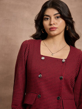 Red Houndstooth Top With Mini Skirt-SASSAFRAS