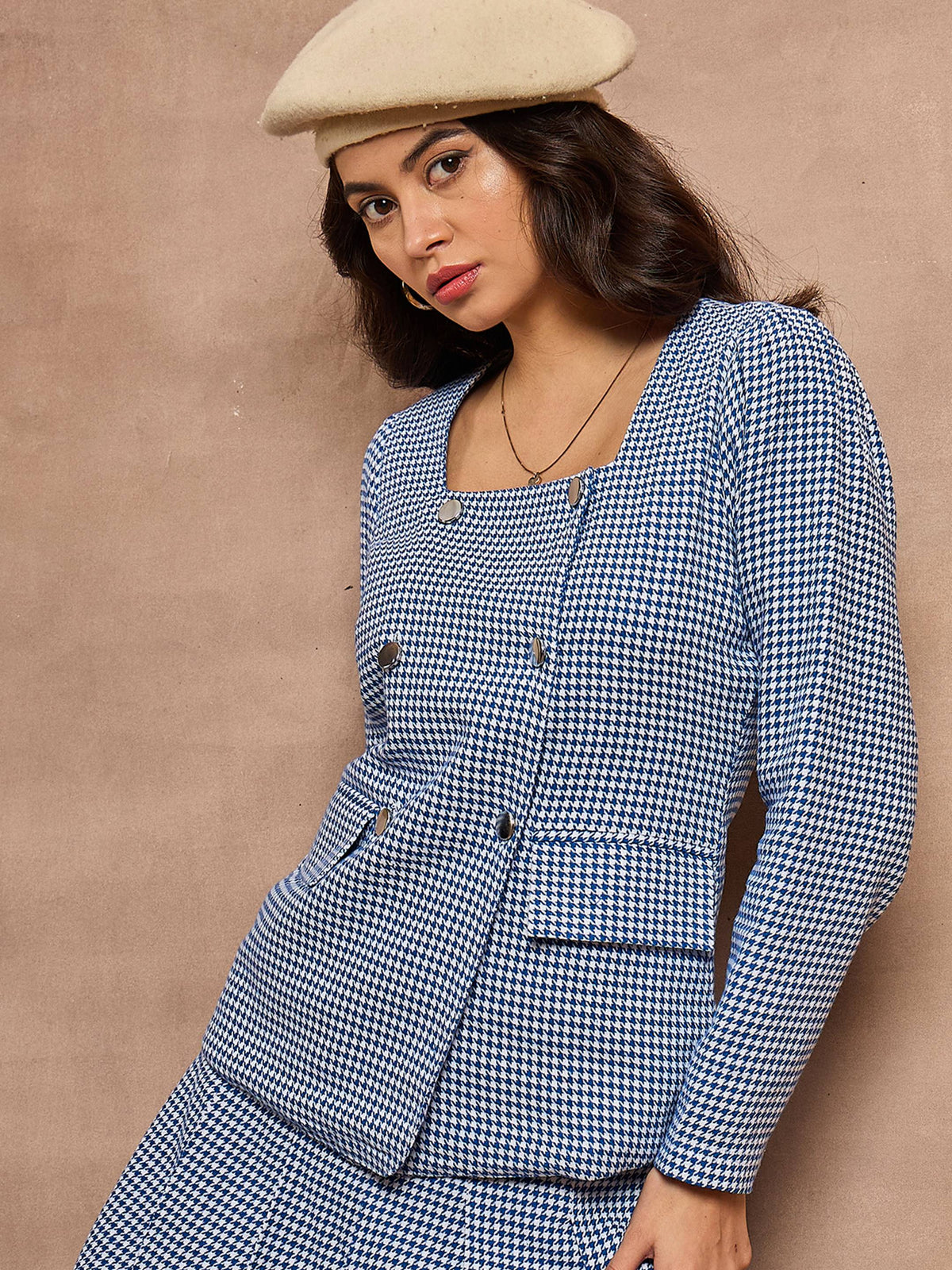 Blue Houndstooth Check Square Neck Top-SASSAFRAS