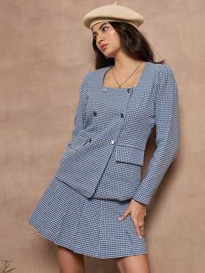 Blue Houndstooth Top With Mini Skirt-SASSAFRAS